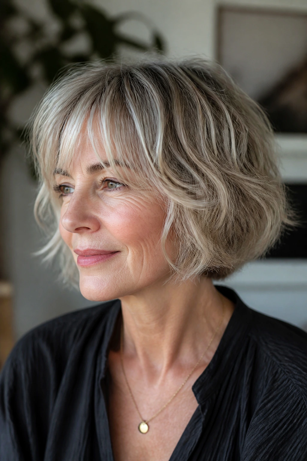 Close-up portrait of chin-length soft French bob shag with airy layers