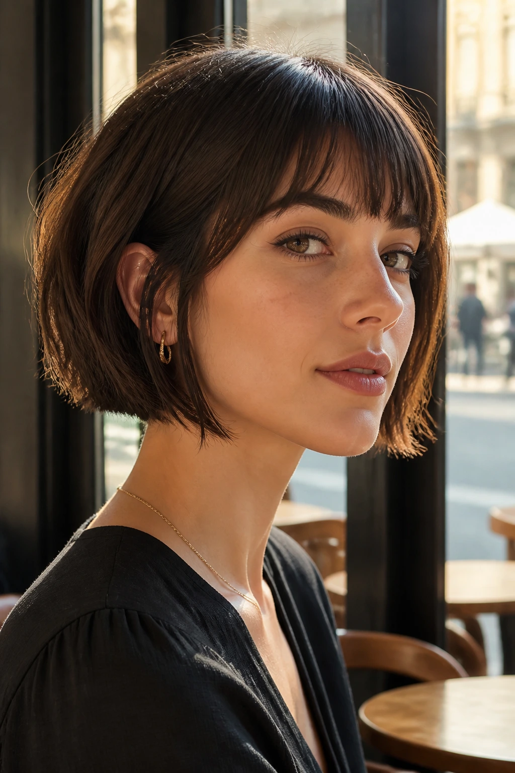 Close-up portrait of a real woman with a French bob and softly shattered ends