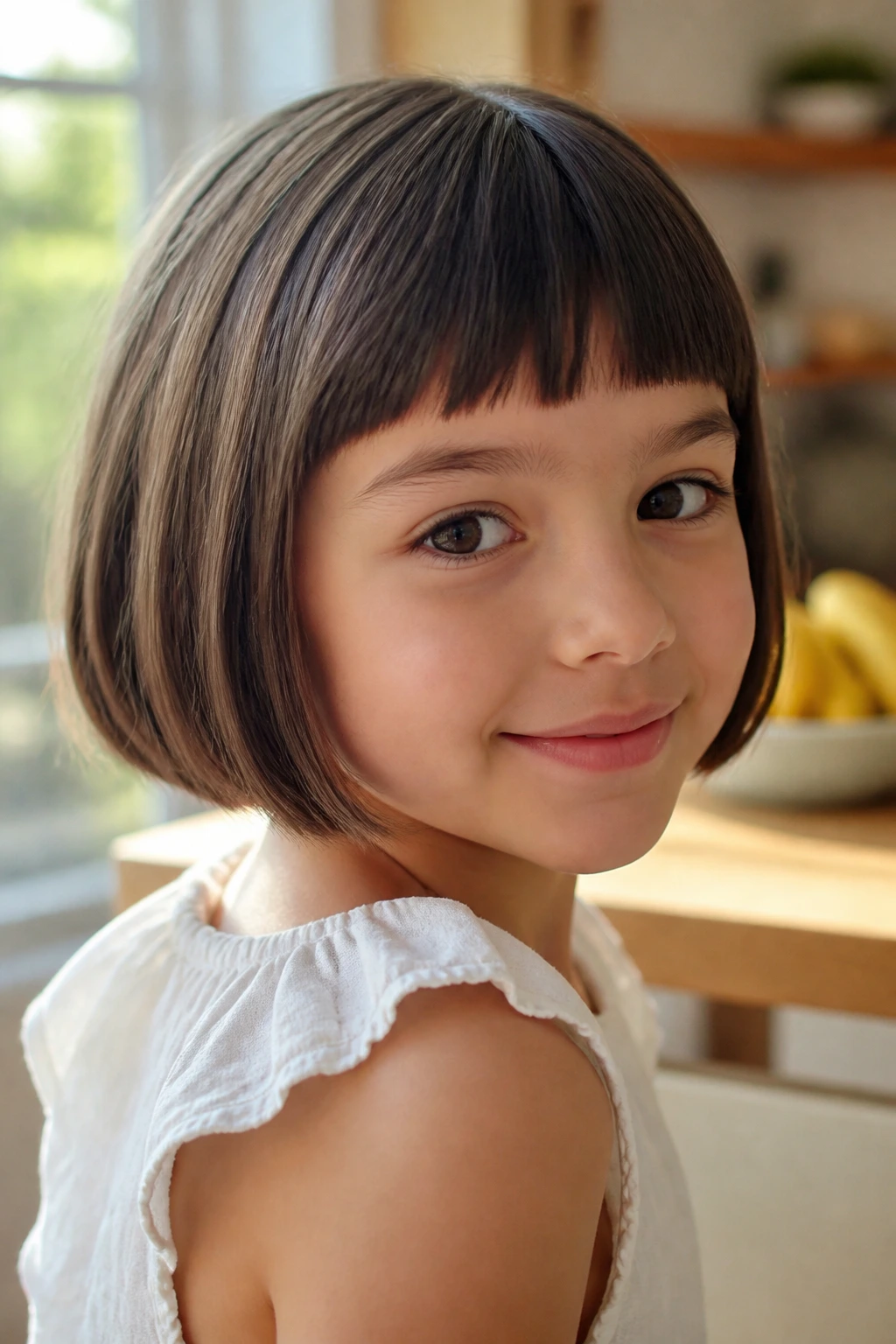 Child with French bob and short fringe close-up portrait.