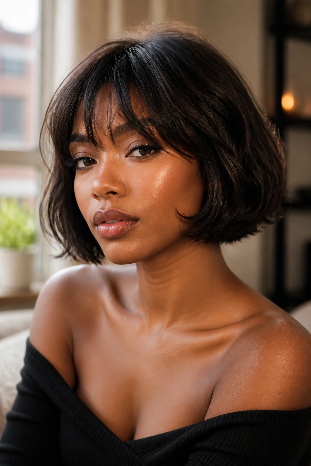 Close-up portrait of a real Black woman with a French bob and soft bangs in warm natural light
