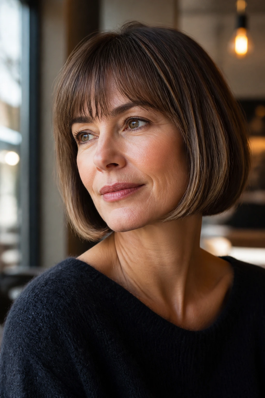 Portrait of a woman with jaw-length French bob and soft fringe