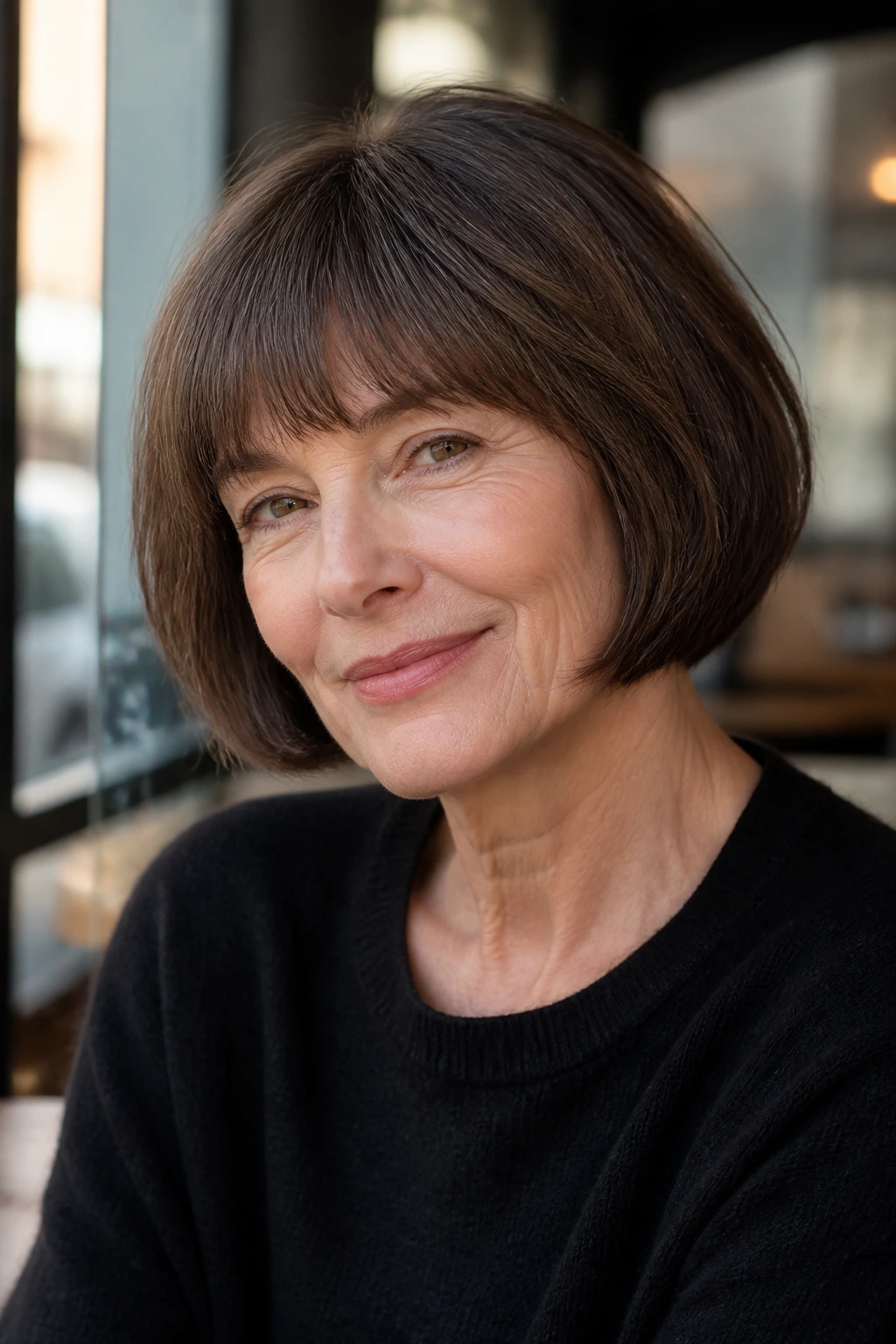 Real woman with French bob and soft fringe by cafe window