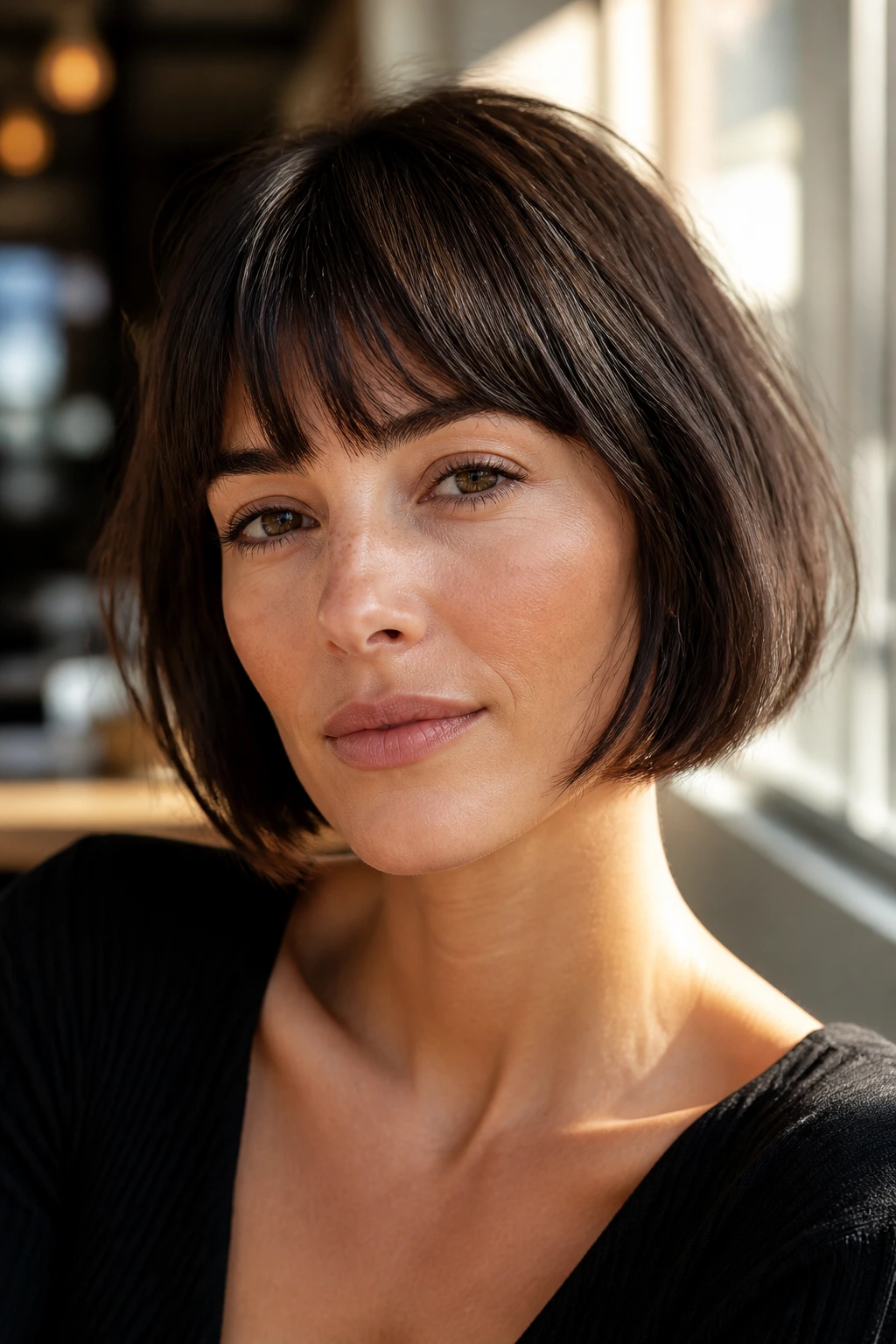 Close-up portrait of a woman with a soft-fringed French bob in bright light