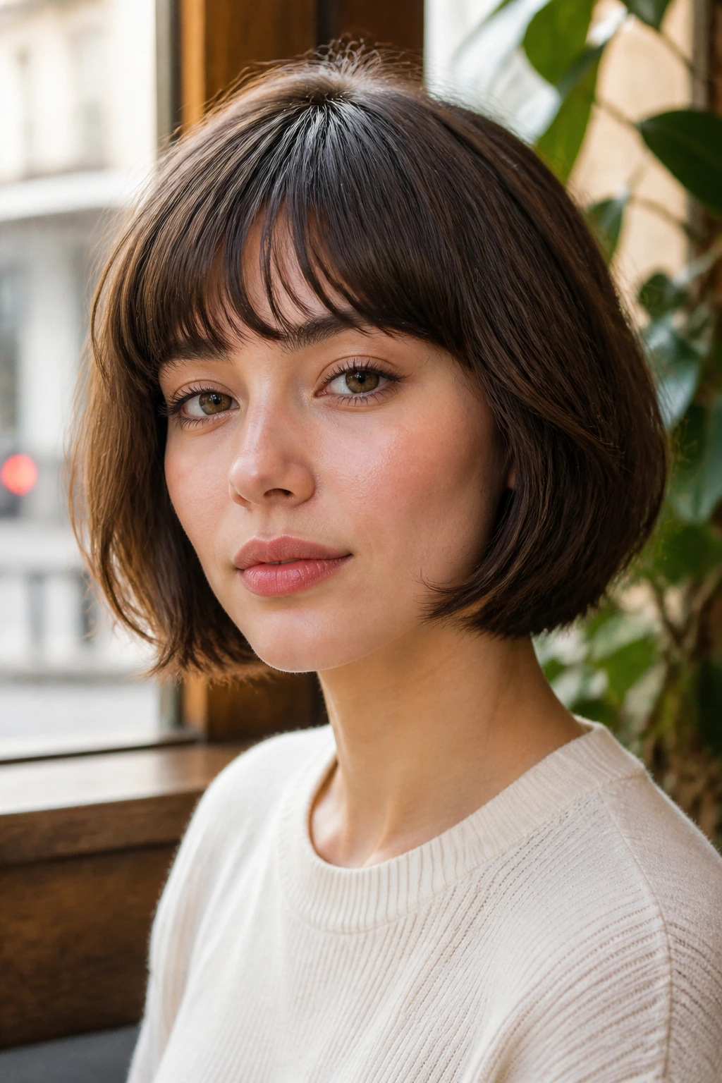 Close-up portrait of a real woman with a French bob and soft fringe, natural texture