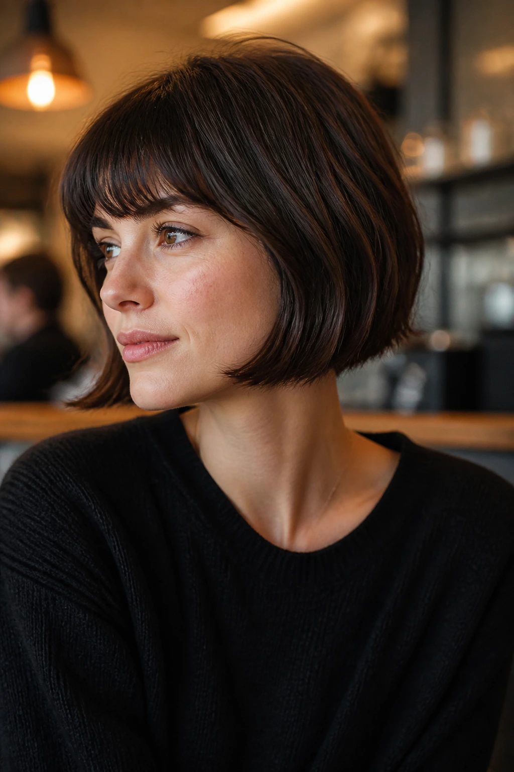 Real woman with a French bob swinging slightly at the ends in a cafe
