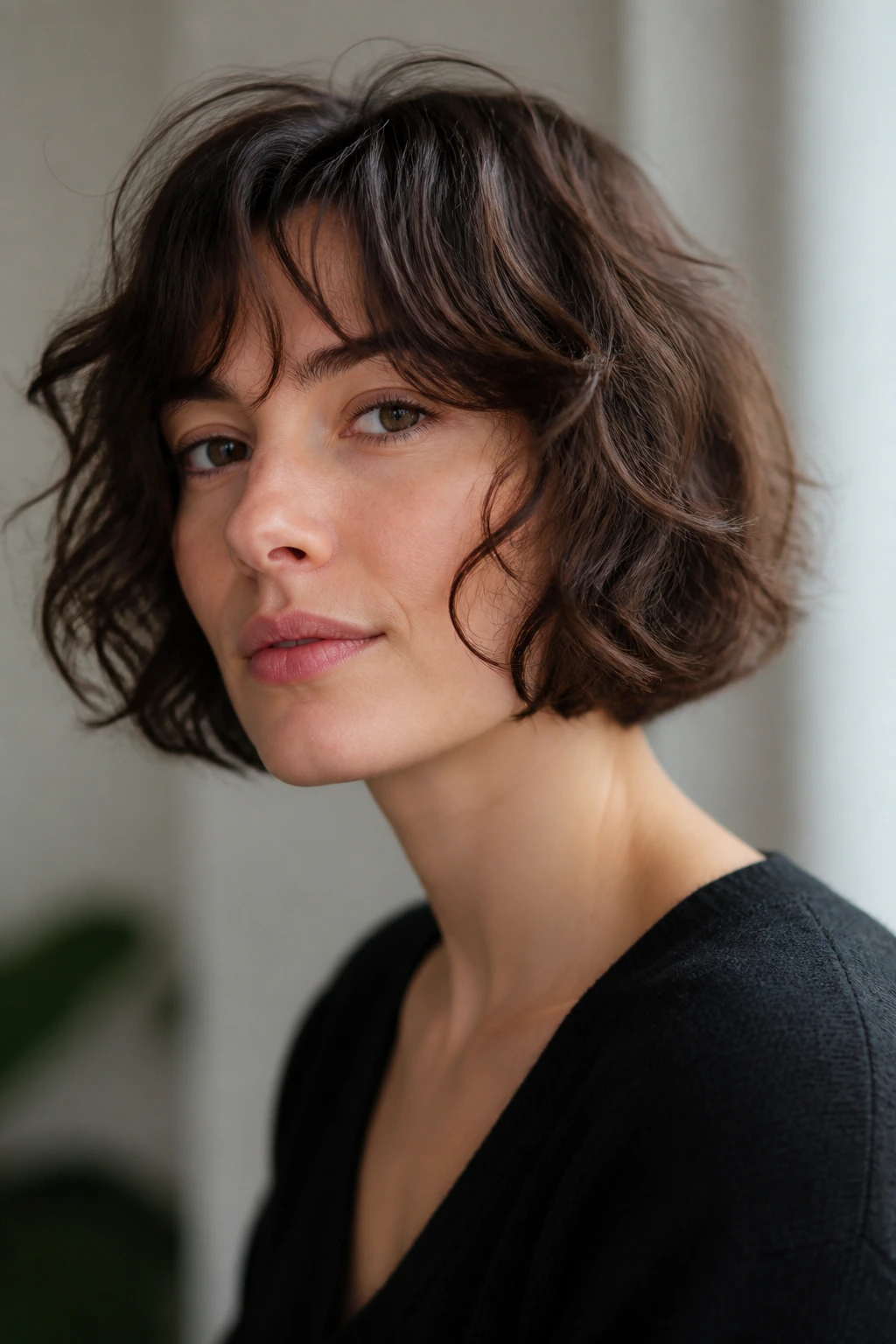 Close-up of tousled French bob with relaxed waves on a real person