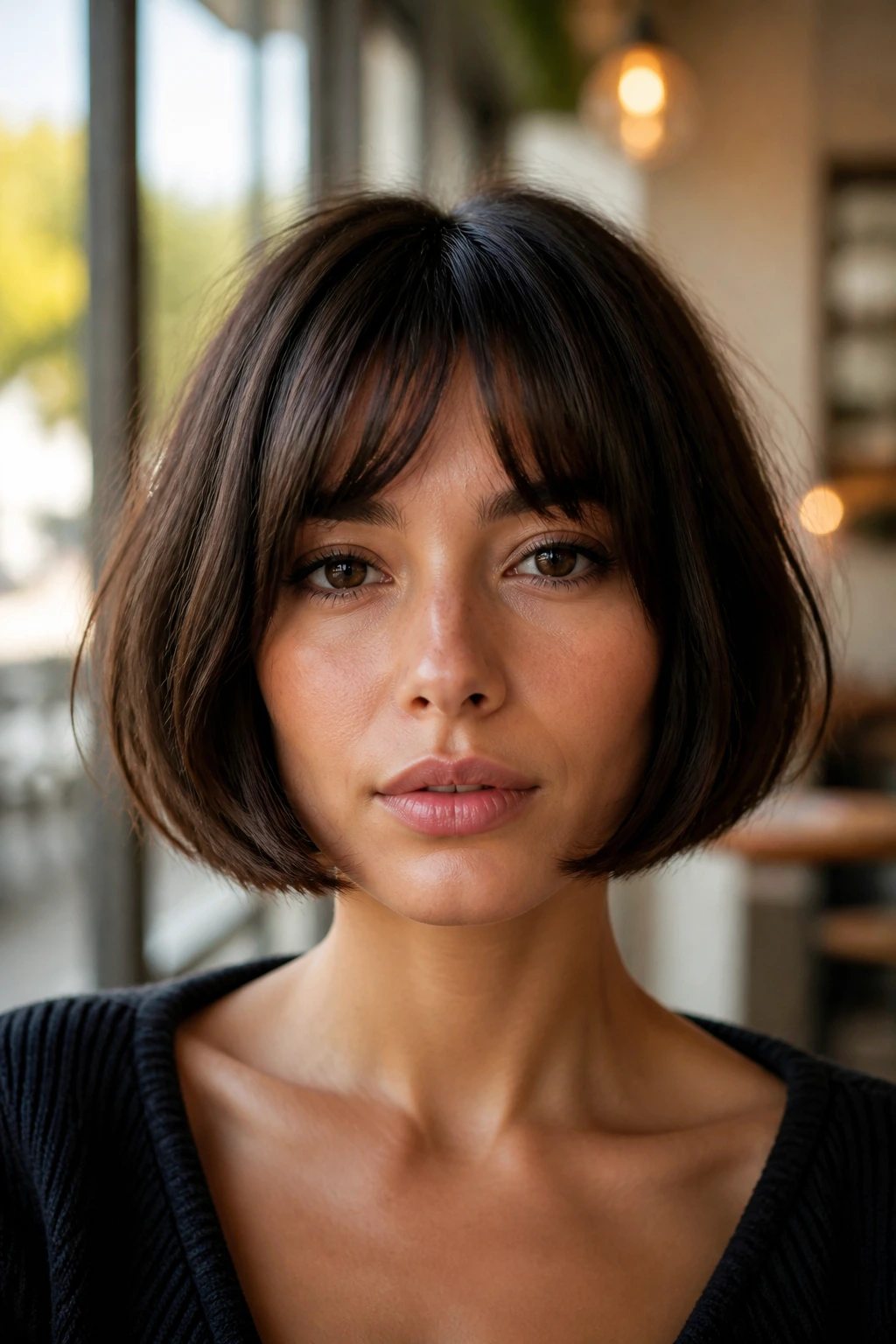 Close-up of a real person with a French bob and tucked-under ends