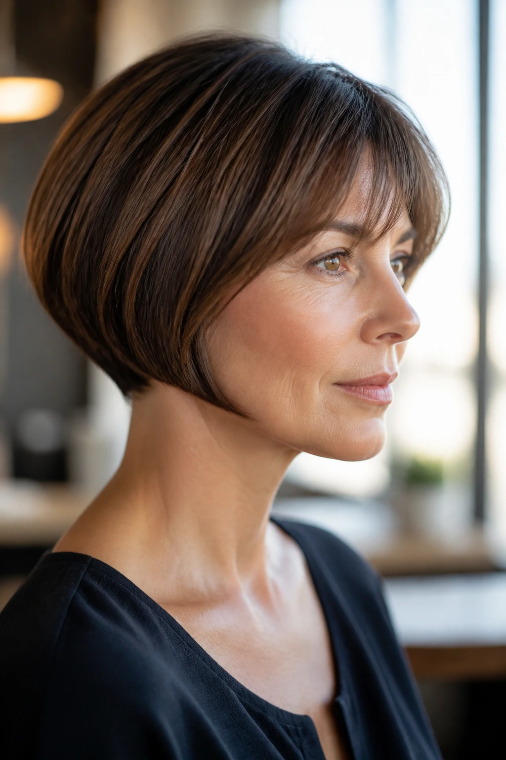 Close-up portrait of a woman with a tucked-nape French bob in a chic salon.