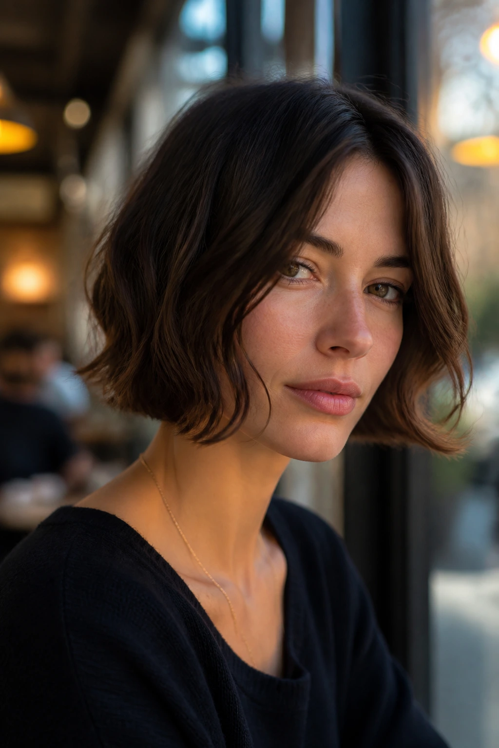 Close-up of a real woman with a jaw-length French bob and undone wave