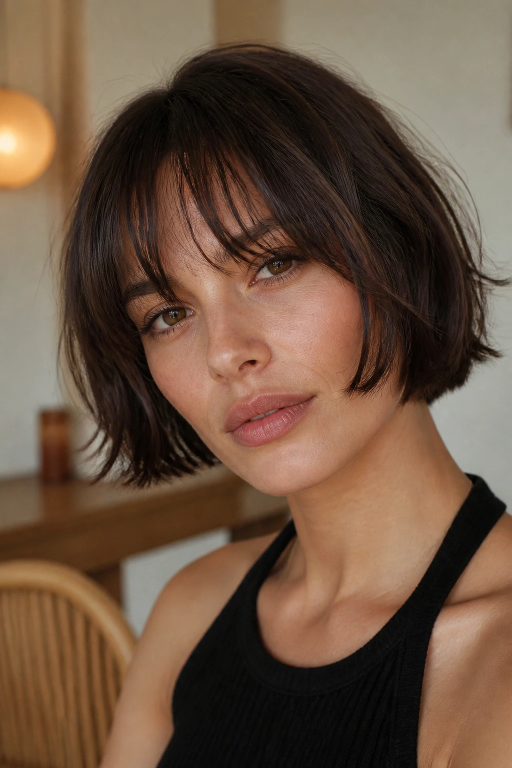 Portrait of a real woman with a French bob and wispy bangs.
