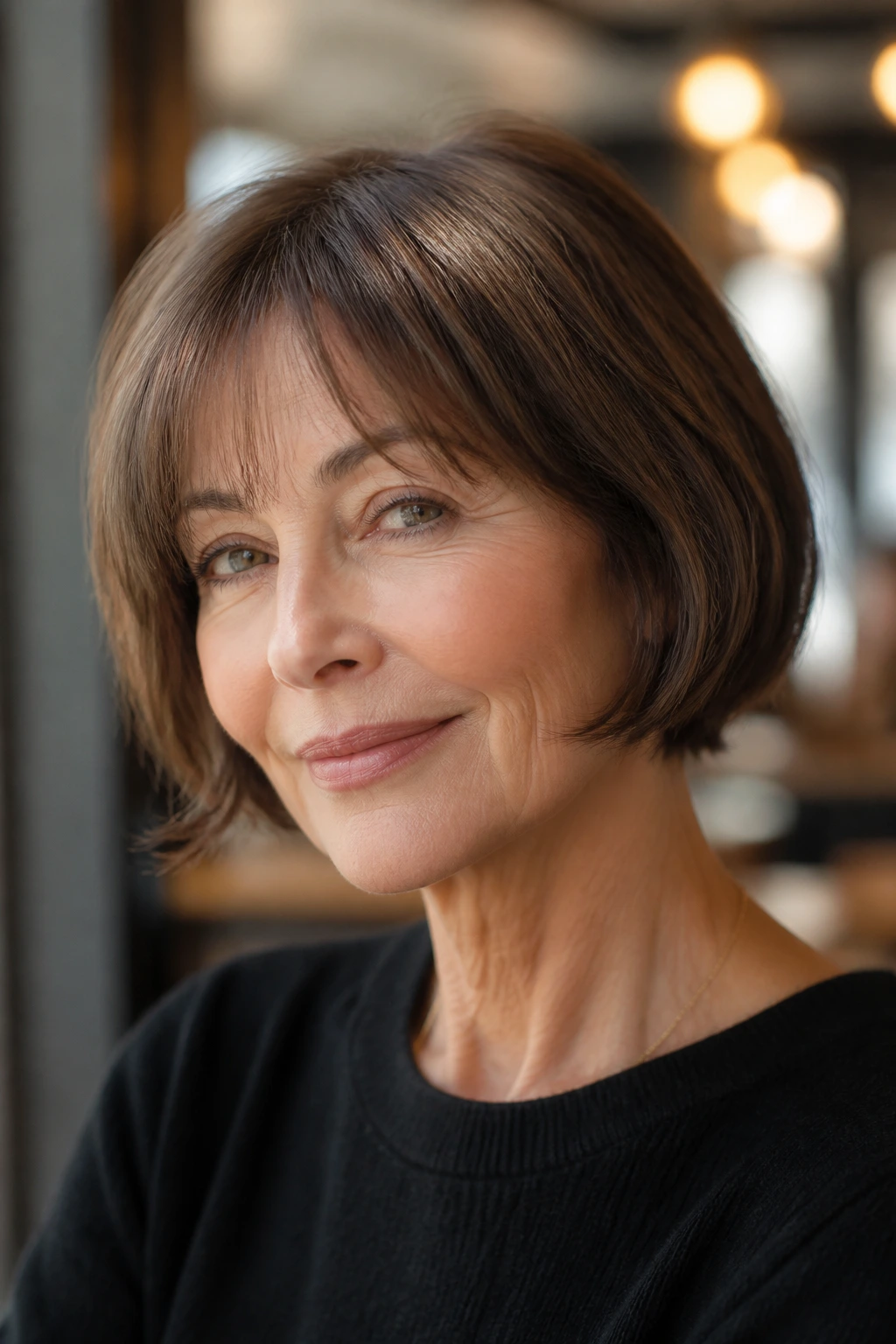 Older woman with French bob and wispy fringe near cheekbones.