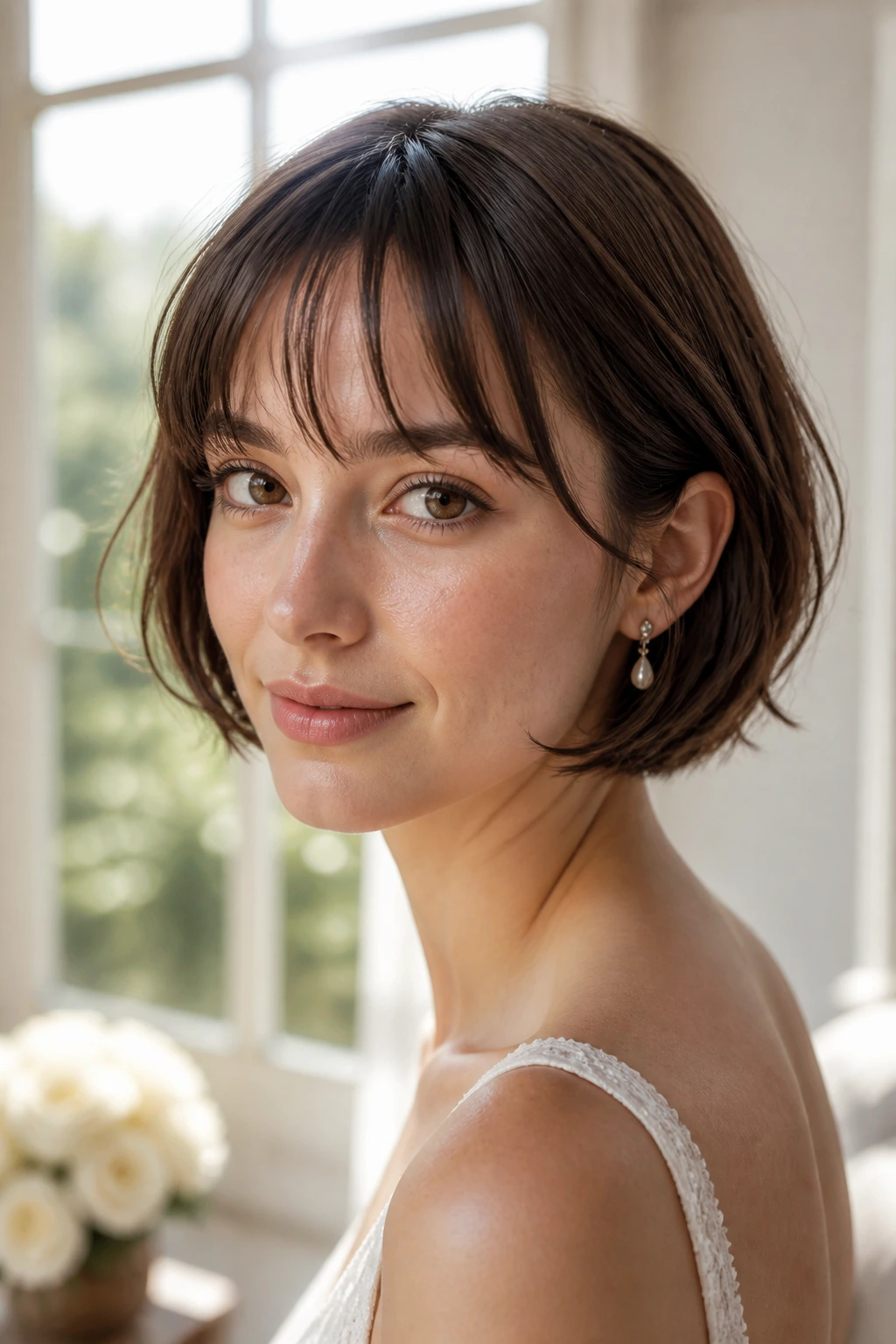 Bride with chin-length French bob and wispy fringe