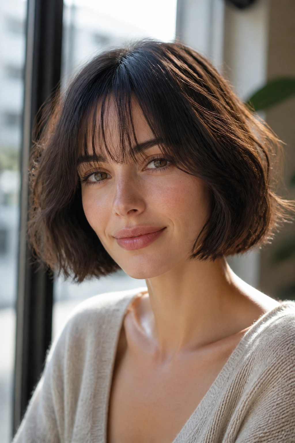 Portrait of woman with French bob and wispy fringe
