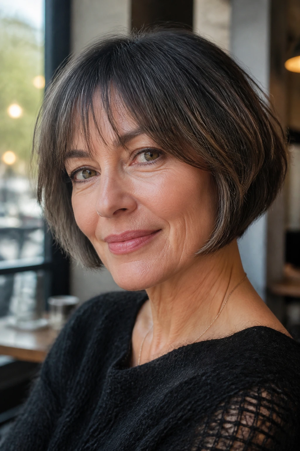Close-up of real woman with wispy fringe French bob in cafe daylight