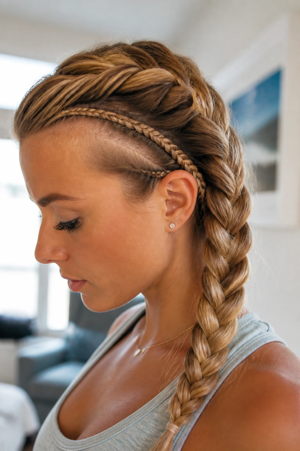 Close-up of real woman's head with French braid and accent braids at temples.