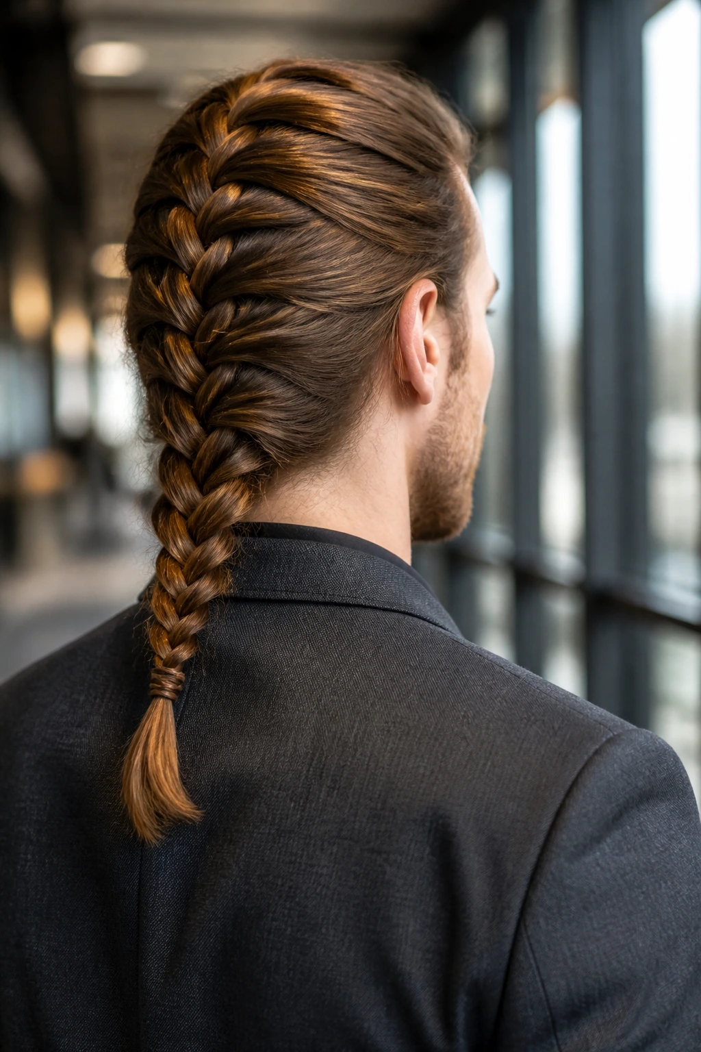 Portrait of a man with a French braid along the crown to the back
