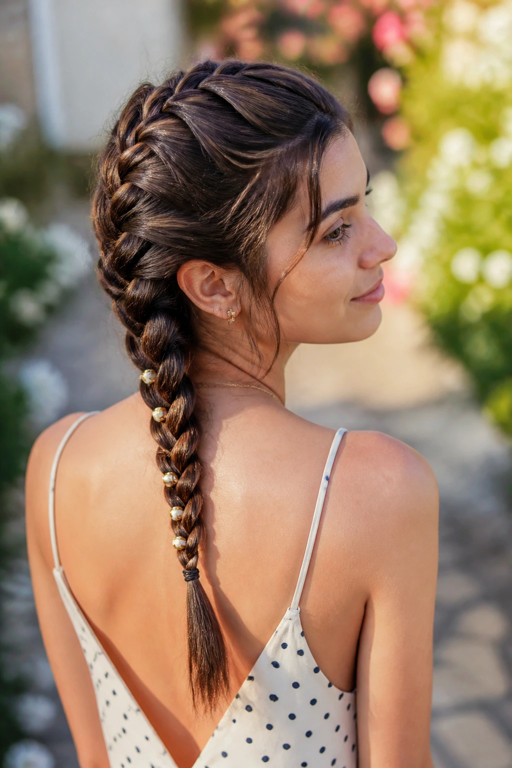 Close-up of real woman with beads along a French braid