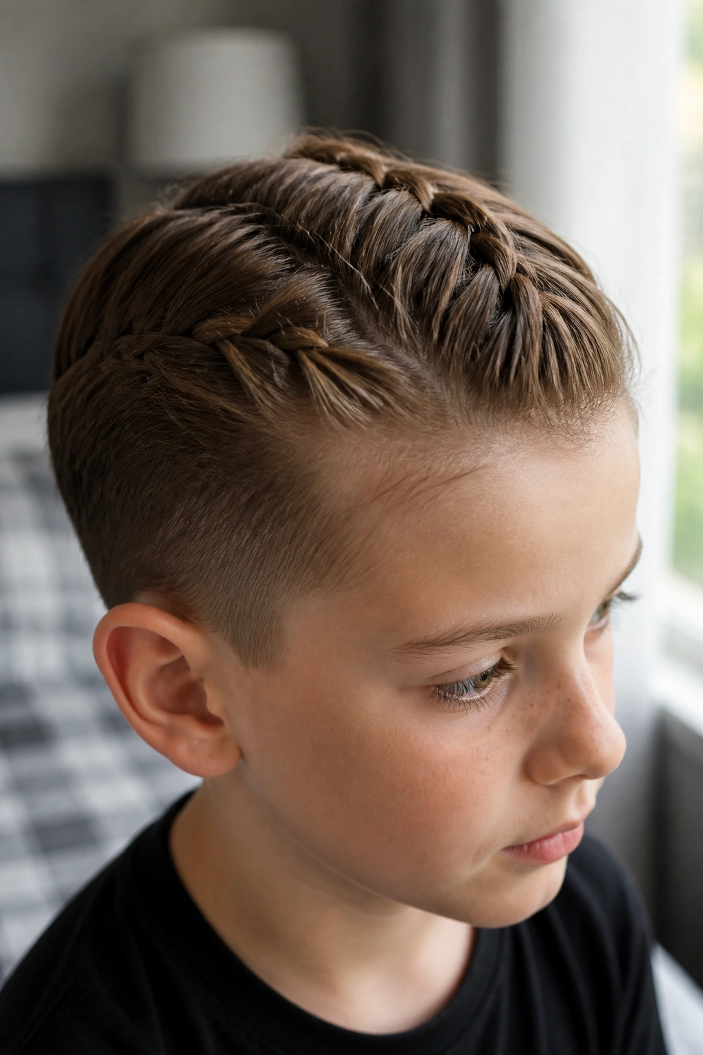 Close-up portrait of a real boy with a French braid along the hairline in soft window light