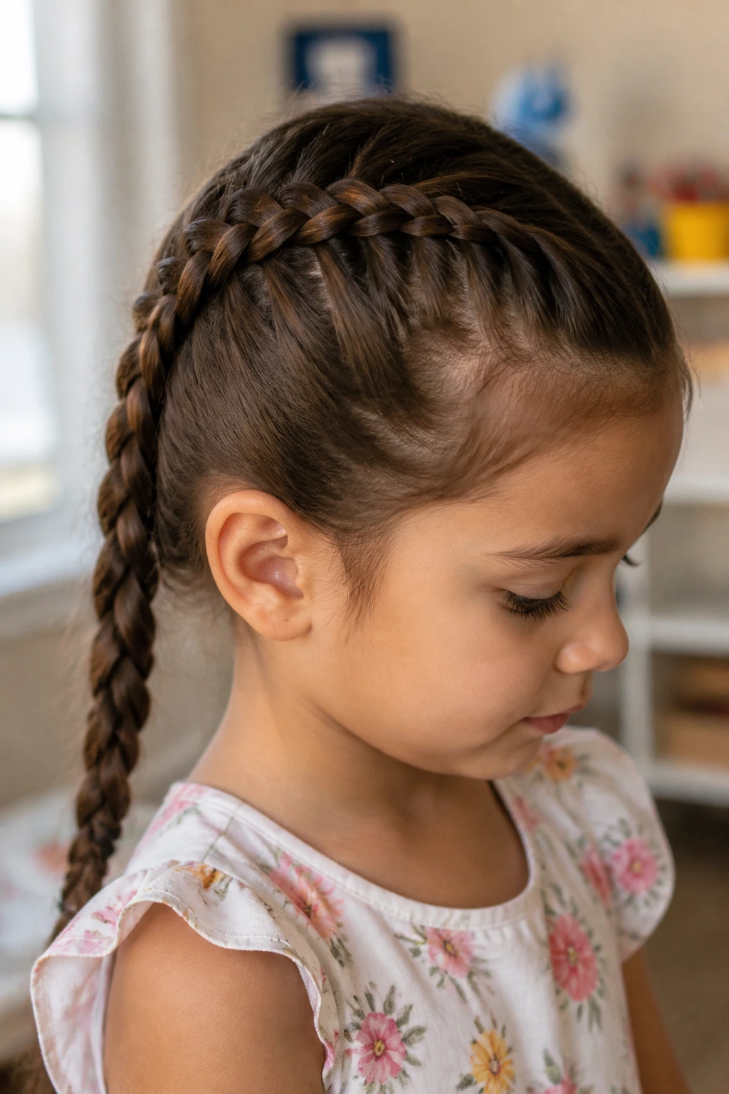 Close-up of a real brunette child showing a classic French braid with soft lighting