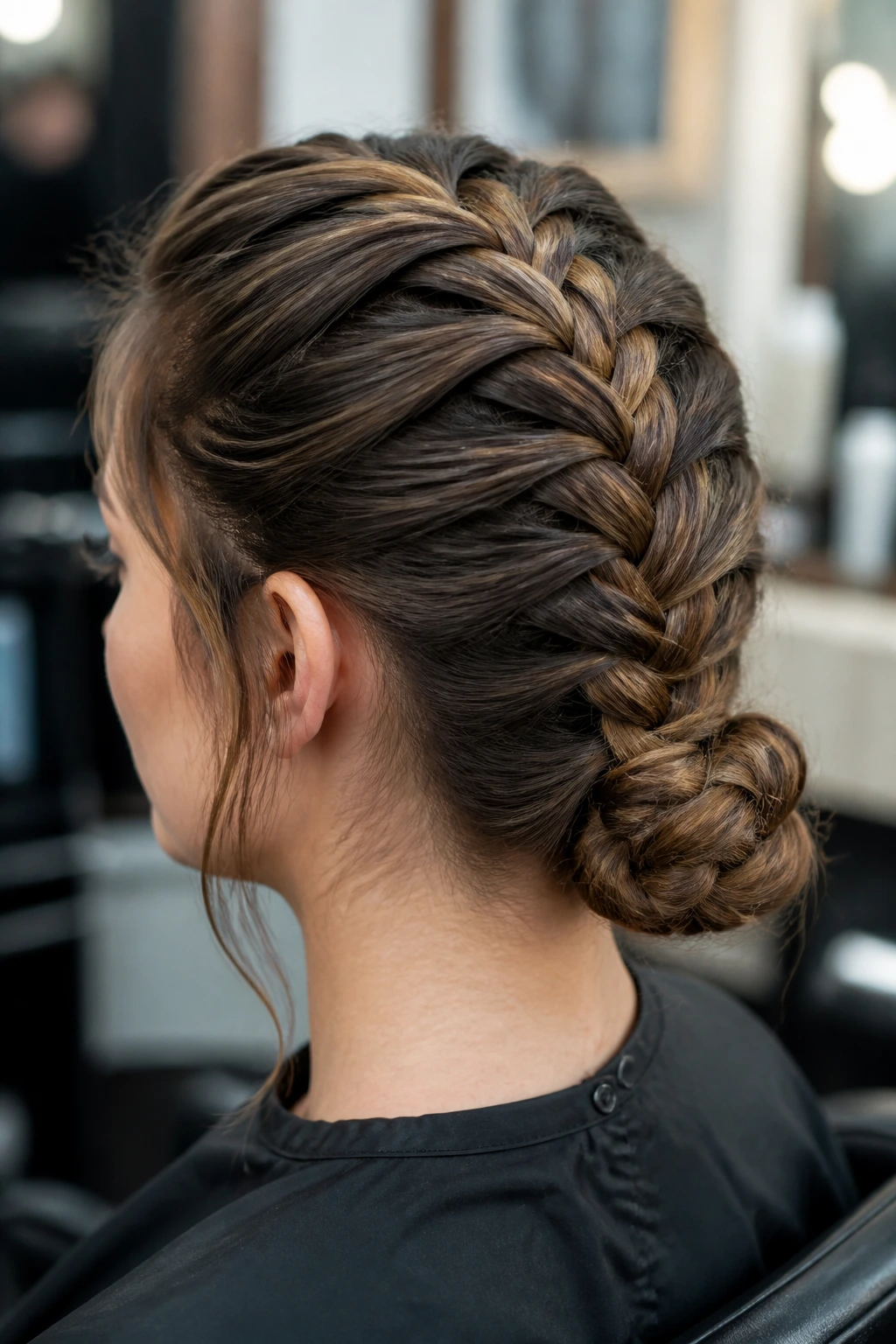 Profile view of a real woman with a crown braid forming a bun at the back