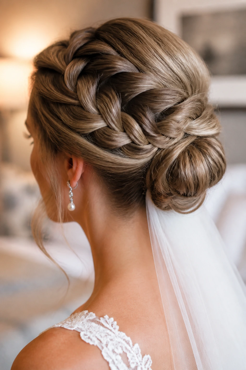 Close-up of bride with French braid into a low bun