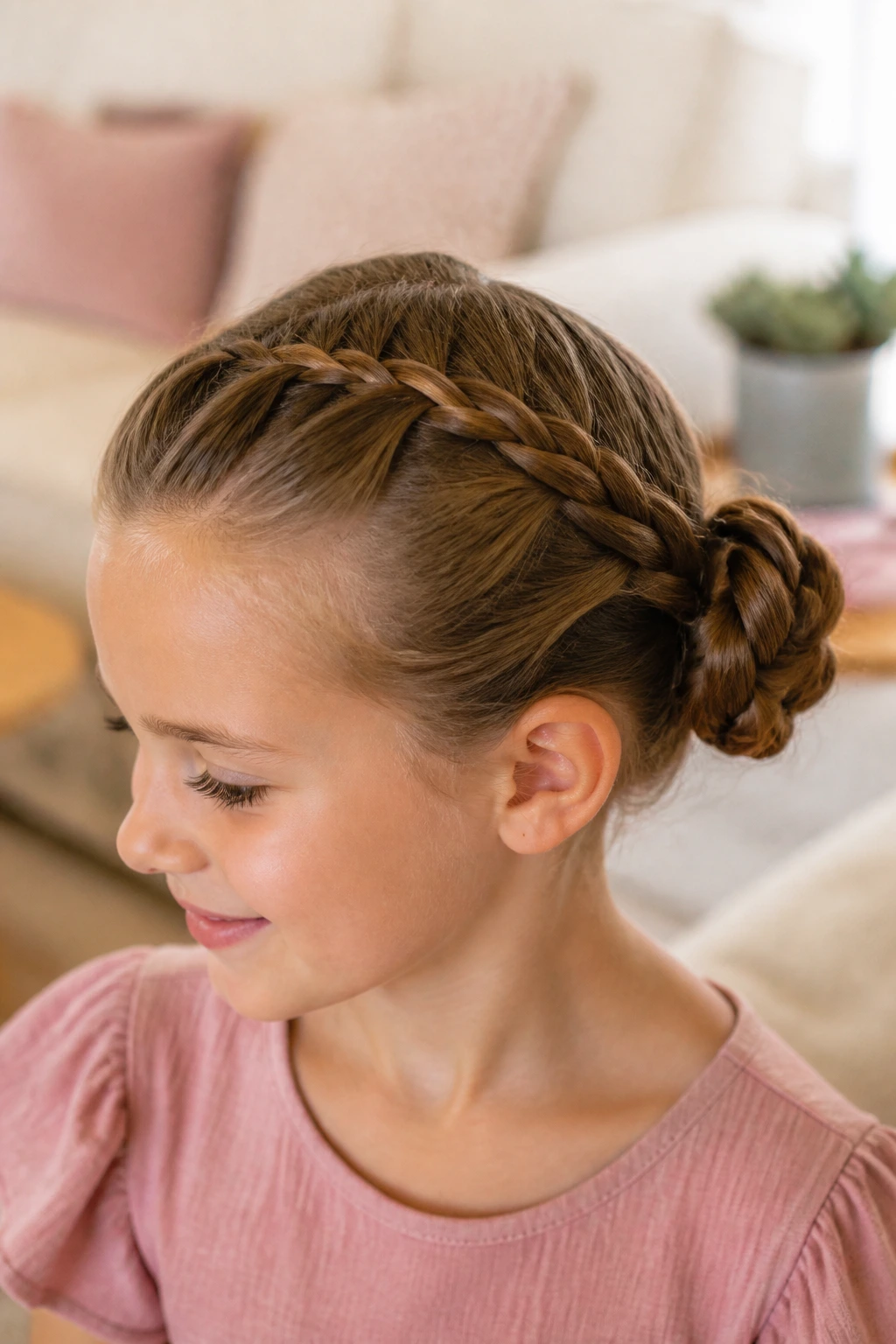 Portrait of a girl with a French braid transitioning into a bun.