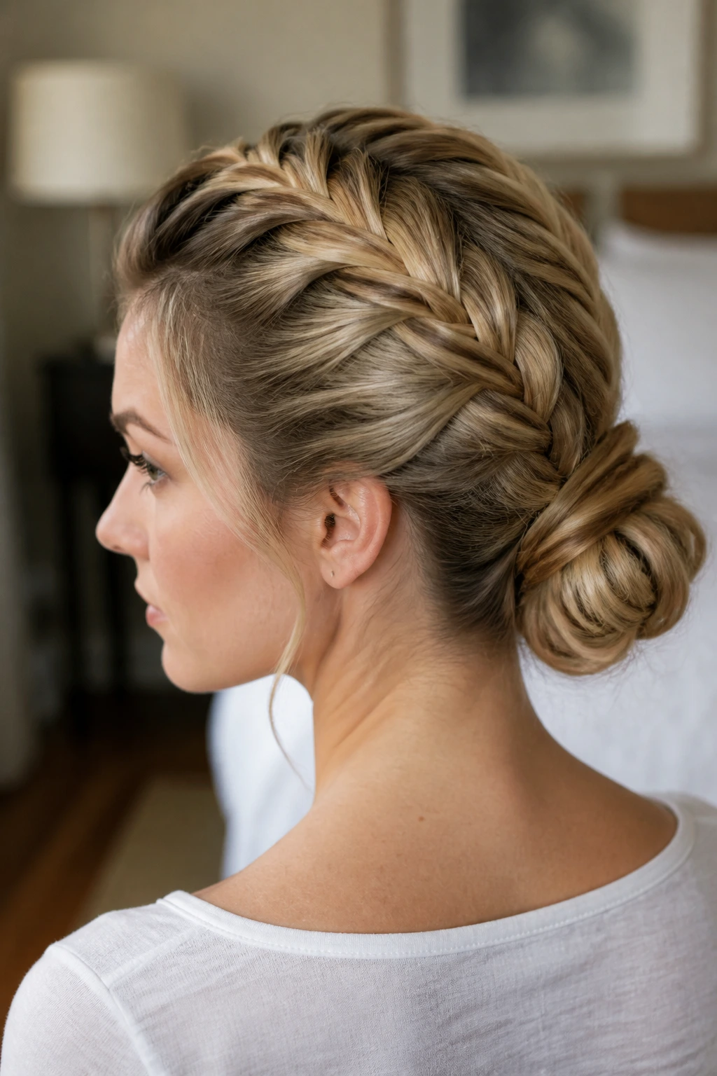 Three-quarter view of French-braid bun on real hair