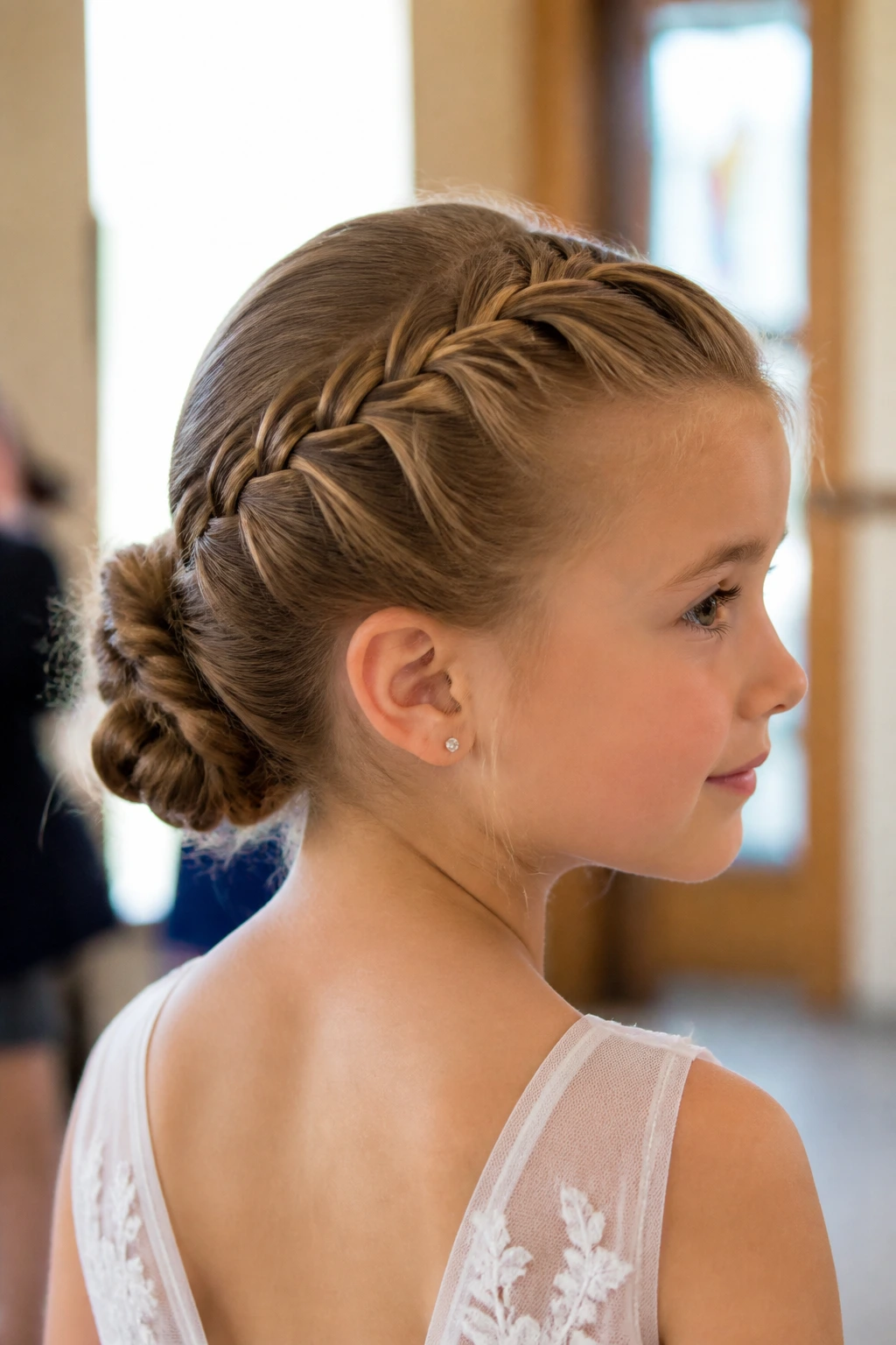 Close-up of a real child with a French braid into a bun in a church vestibule.