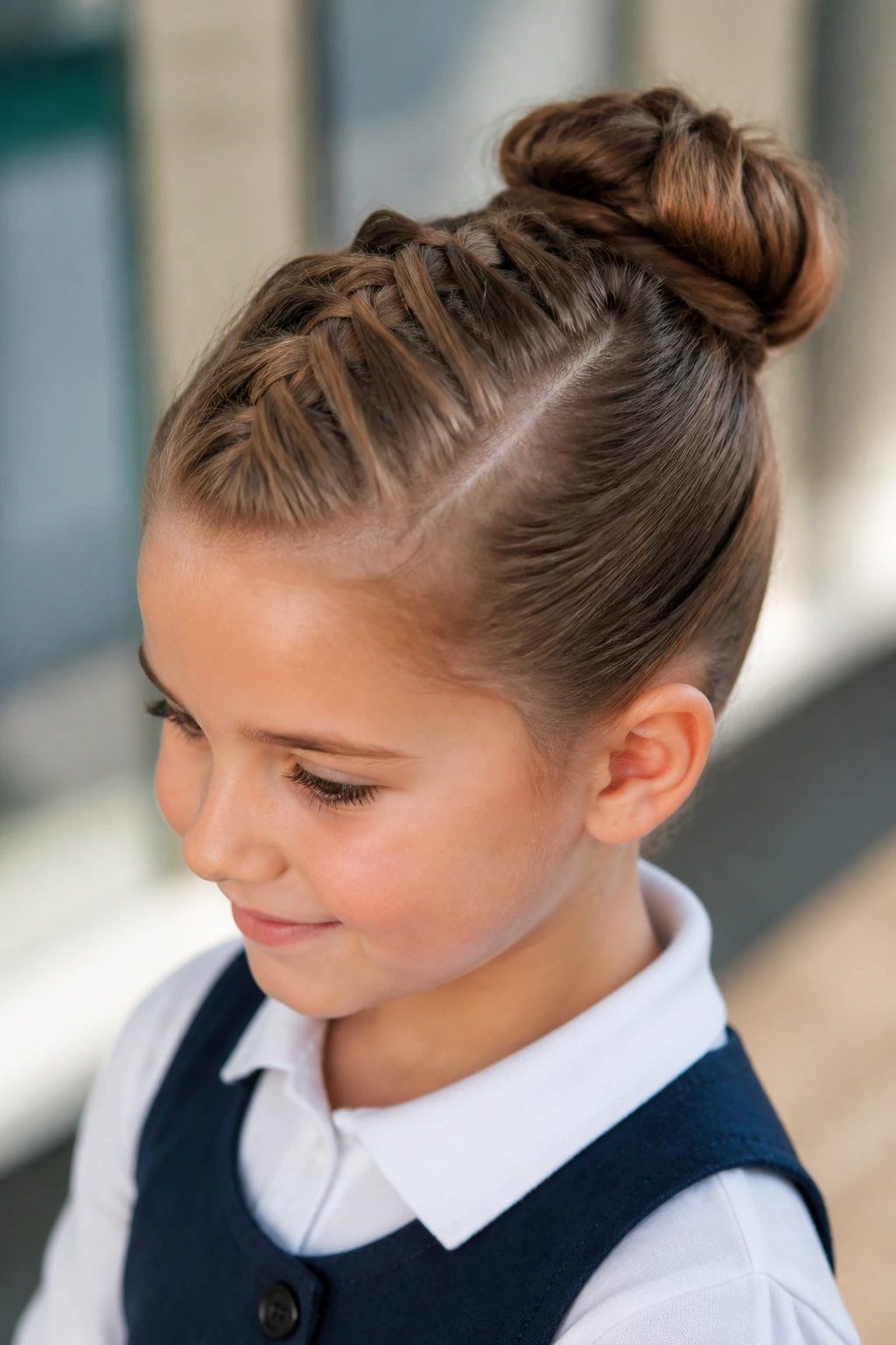 Close-up of a child with a French-braid bun hairstyle