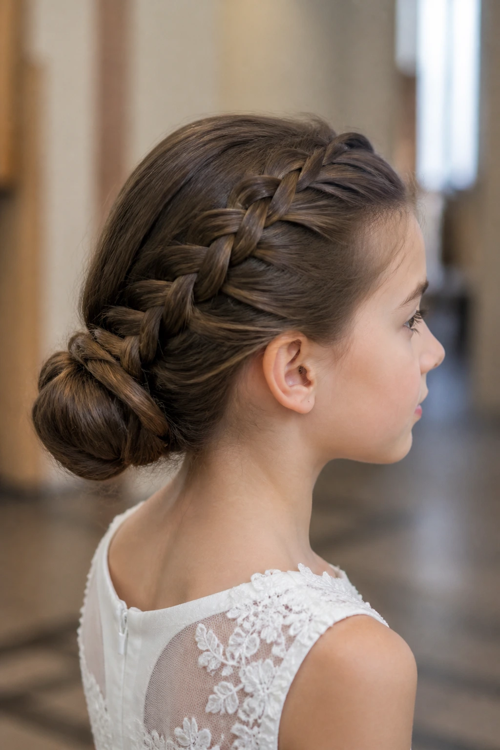 Close-up of French braid tucked into a low bun on a real child