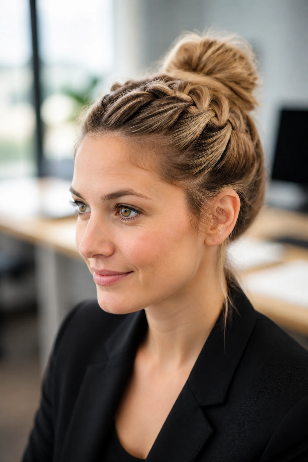 Close-up of real woman with a French braid into a bun on short hair.