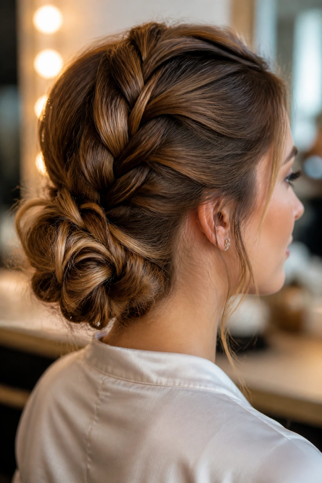 Close-up of a real woman with a French braid bun and soft loops