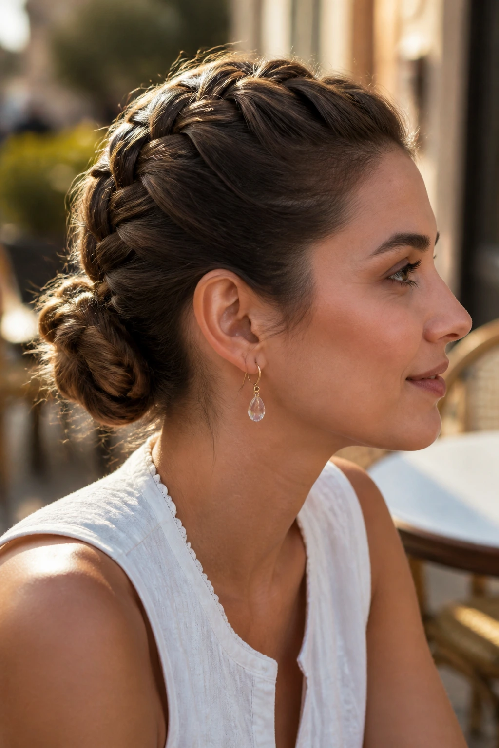 Profile view of a real woman with a French braid ending in a bun