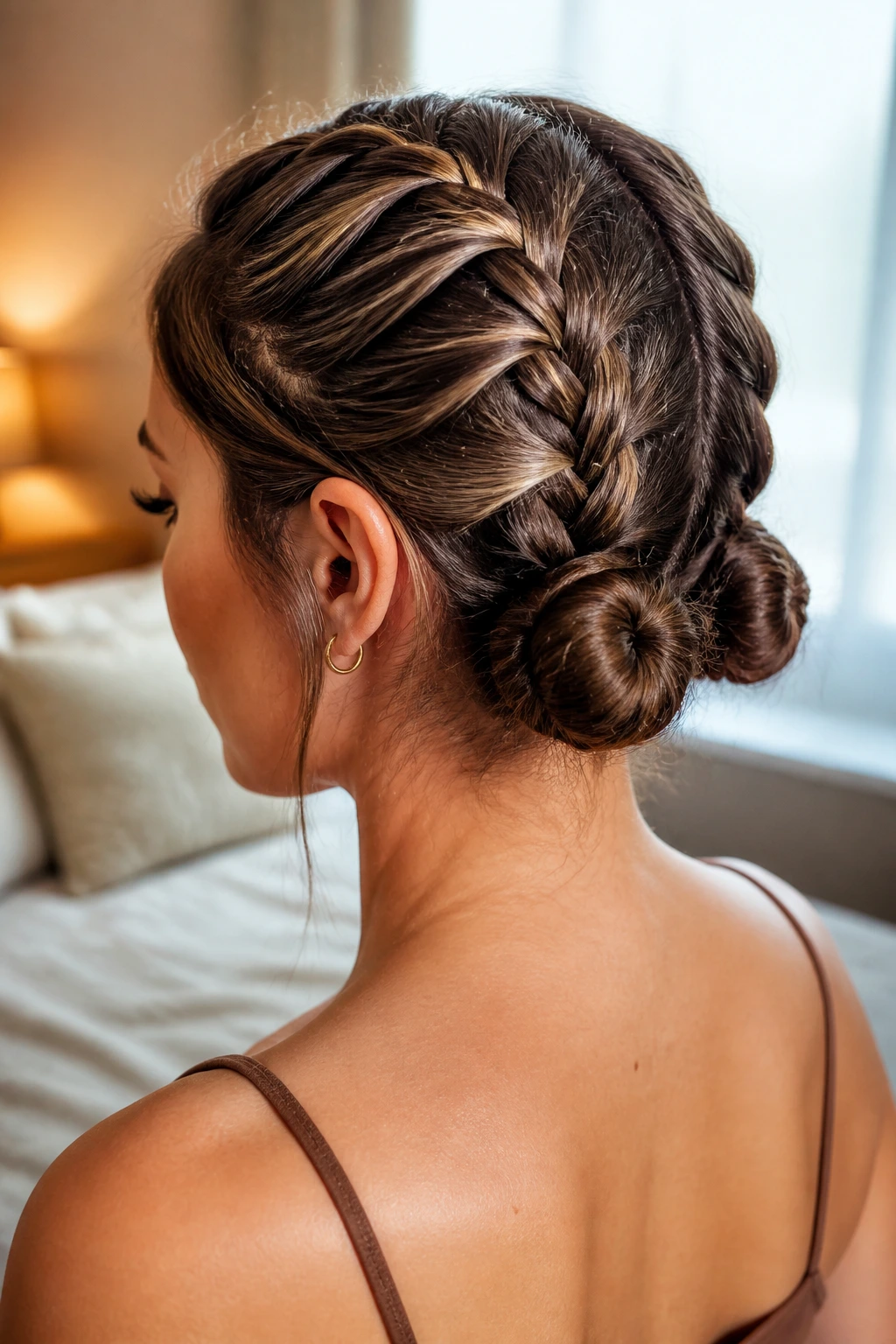 Close-up of a person with French braid into two small low space buns at the nape