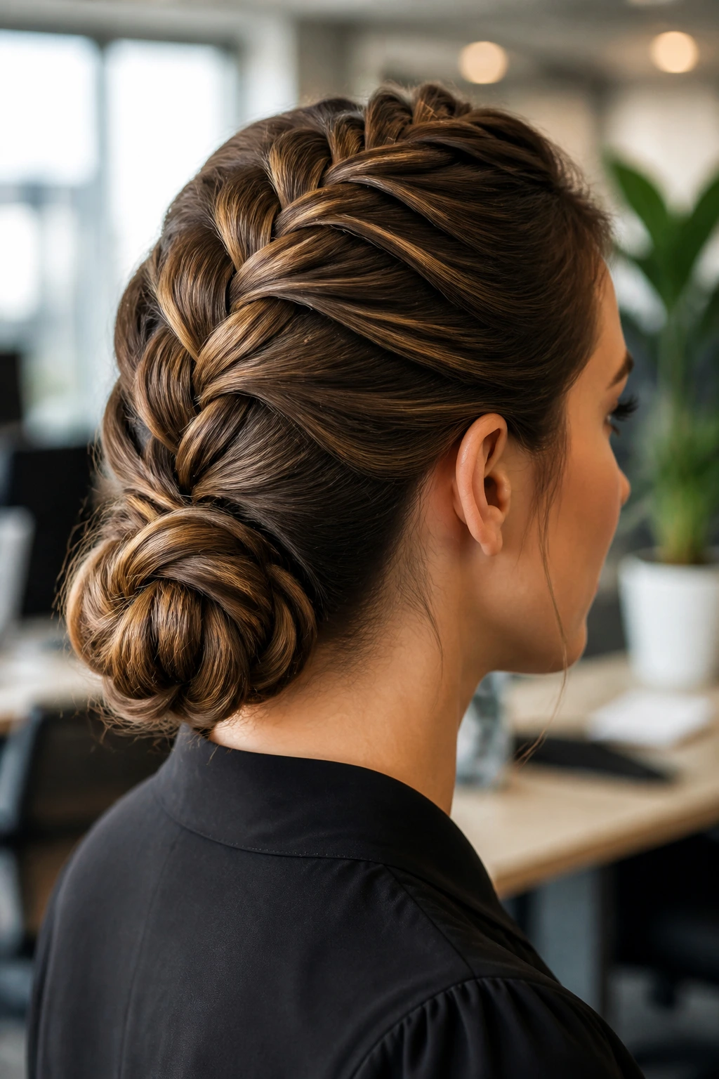 Portrait of a woman with a French braid leading to a low chignon at the nape