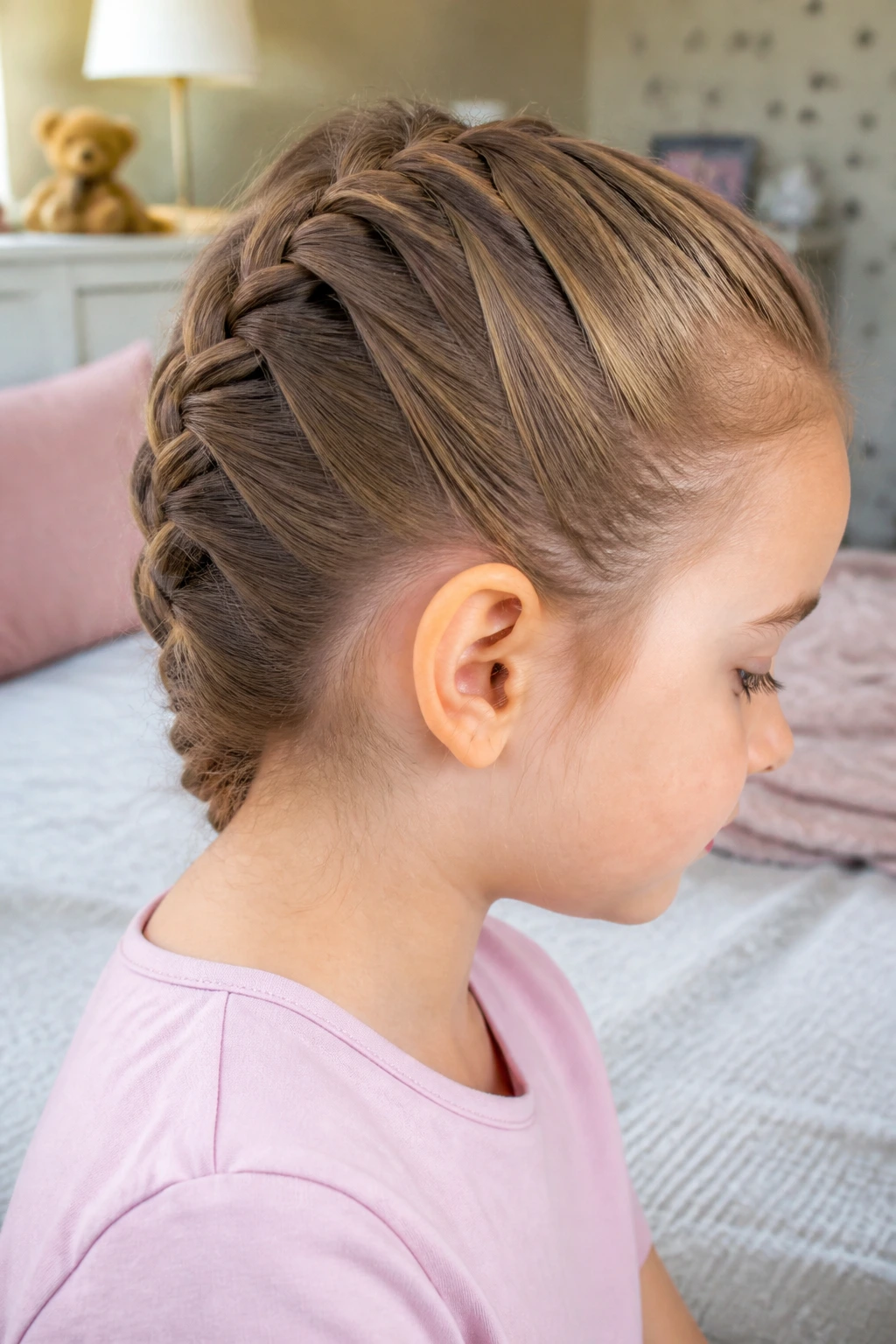 Close-up of a child with a classic French braid along the scalp