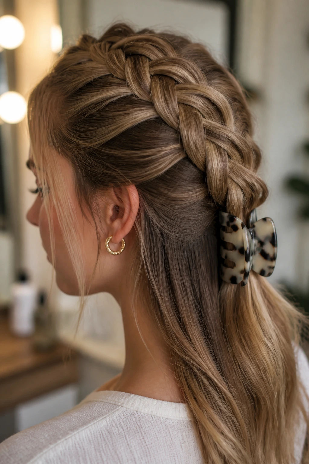 Close-up of real woman with French braid and claw clip at the back.