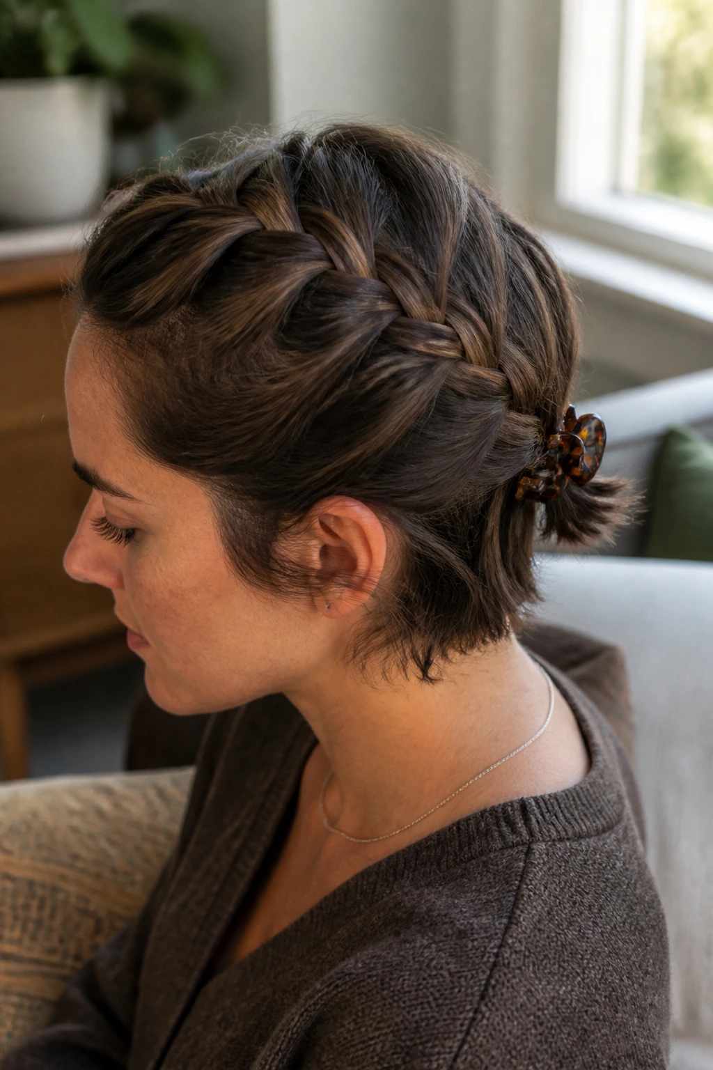 French braid secured with claw clip on real person.