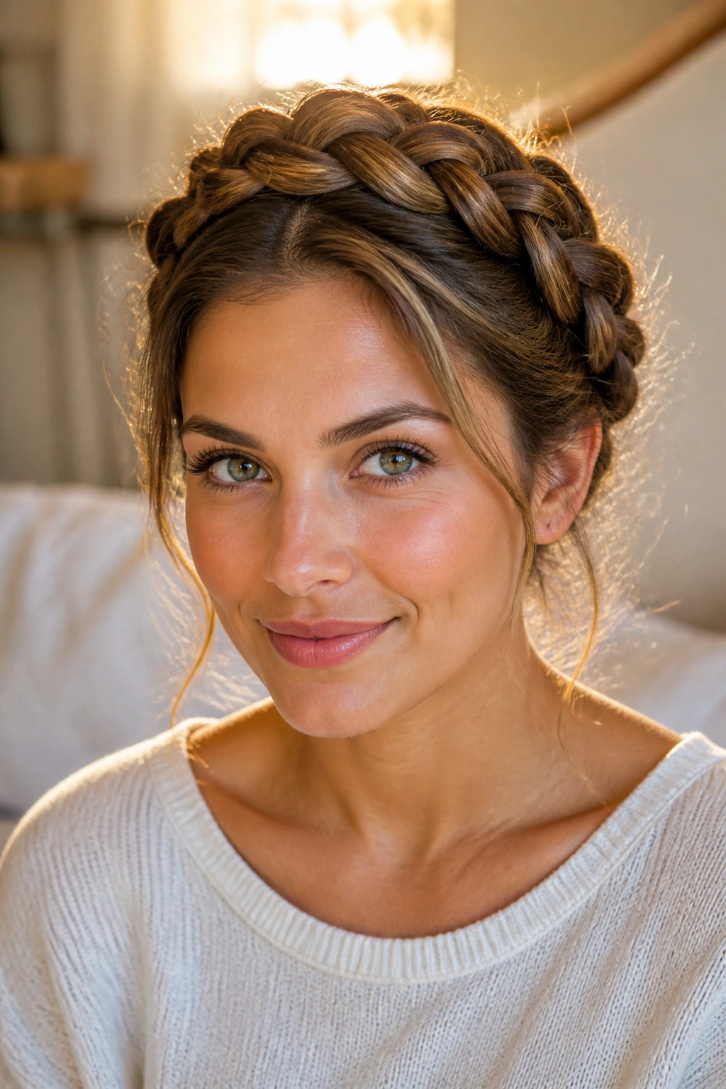 Close-up portrait of a real woman wearing a braided crown