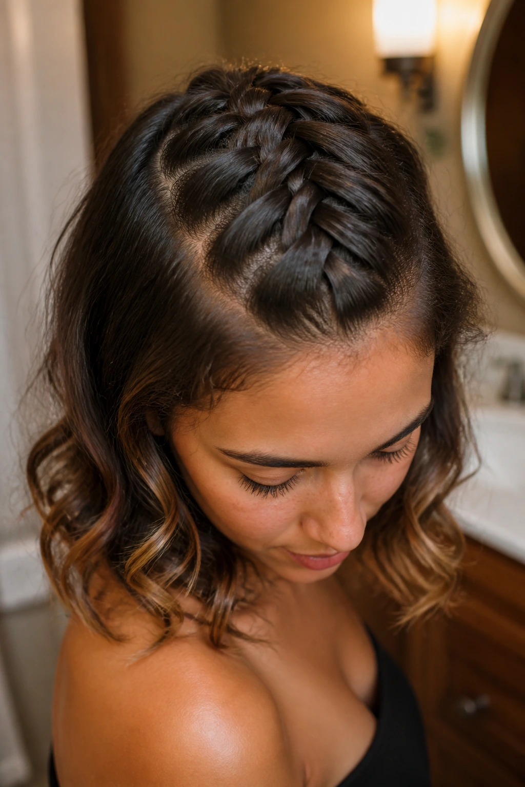 Real person with a French braid and curled ends at the bottom.