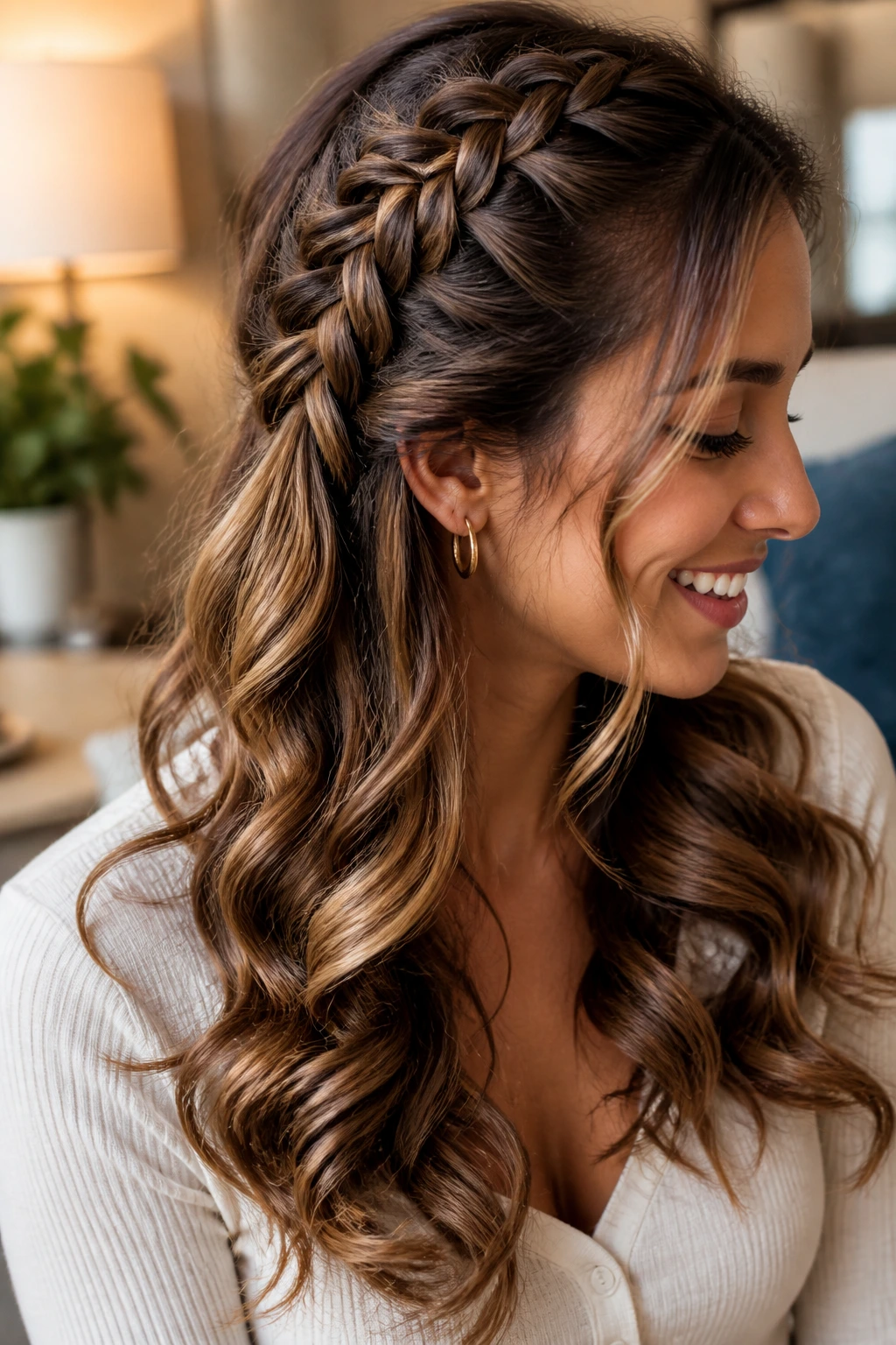 Close-up of a real woman with a French Braid ending in soft curls