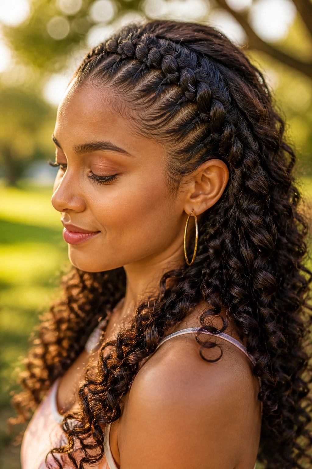Close-up of a real woman with curly hair styled into a French braid along the scalp