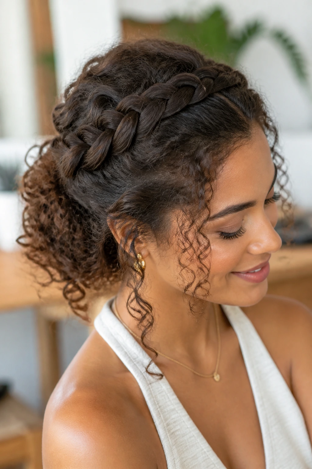 Close-up of a real woman with curly hair braided into a French braid, curls visible around the braid.