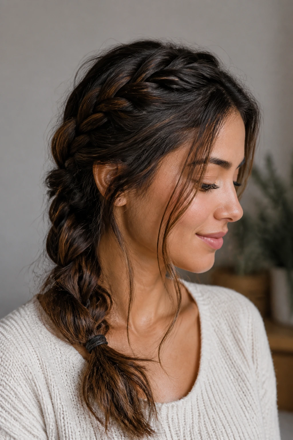 Medium close-up of a real woman wearing a loose French braid with face-framing pieces