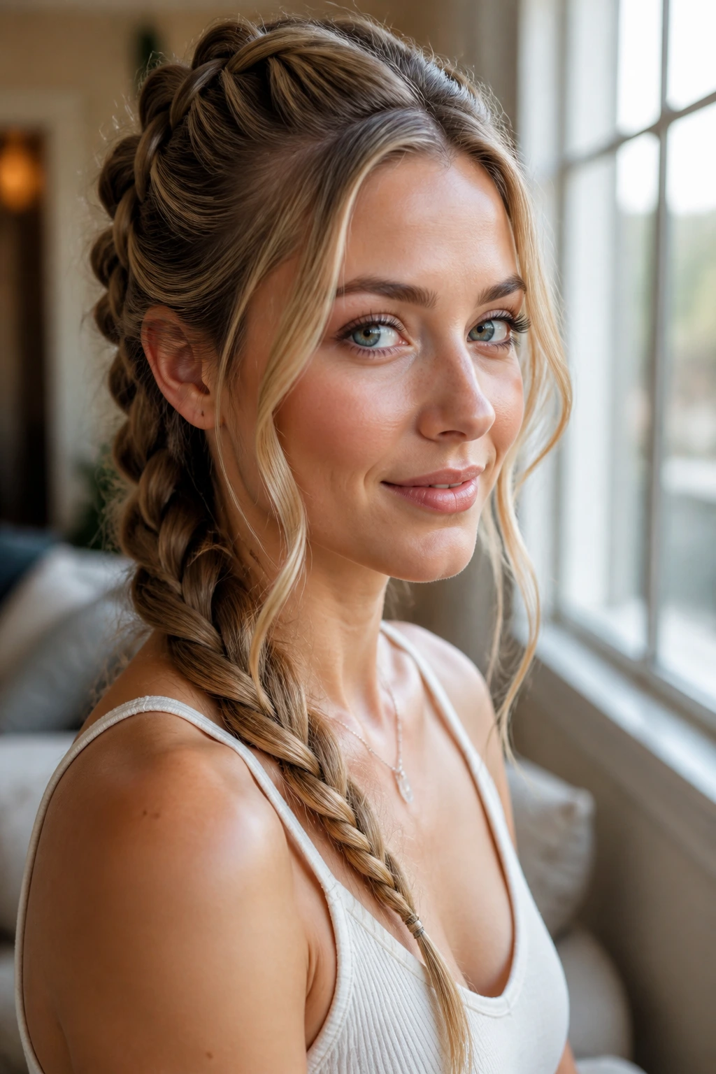 Close-up of a real woman with a French braid and face-framing pieces near the cheeks.