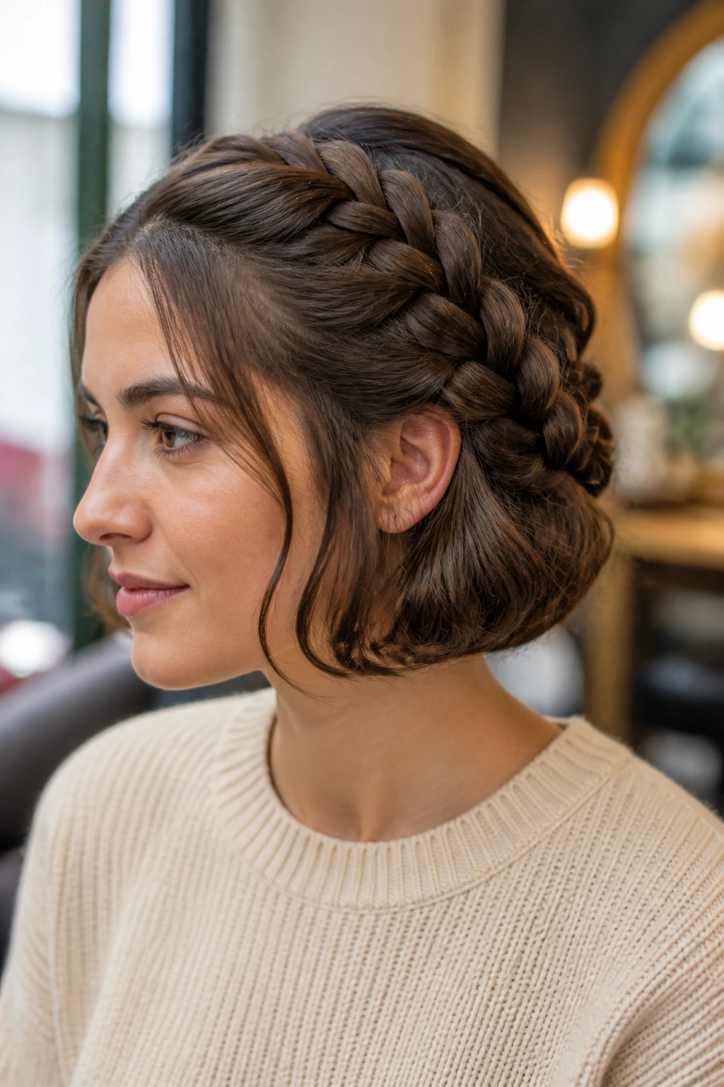 Portrait of a real woman with a French braid tucked into a faux bob.