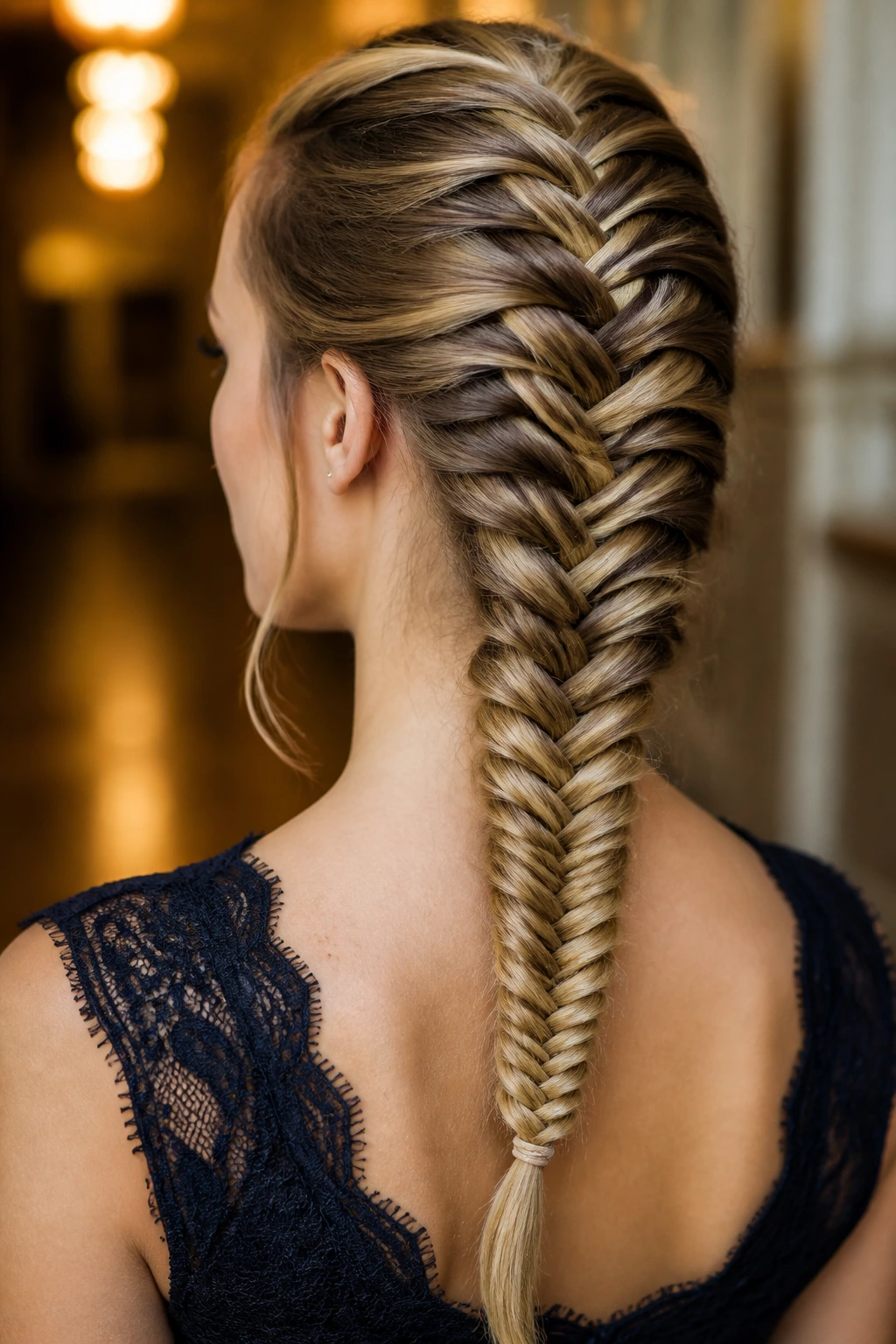 Close-up of a real woman with a French braid transitioning into a fishtail