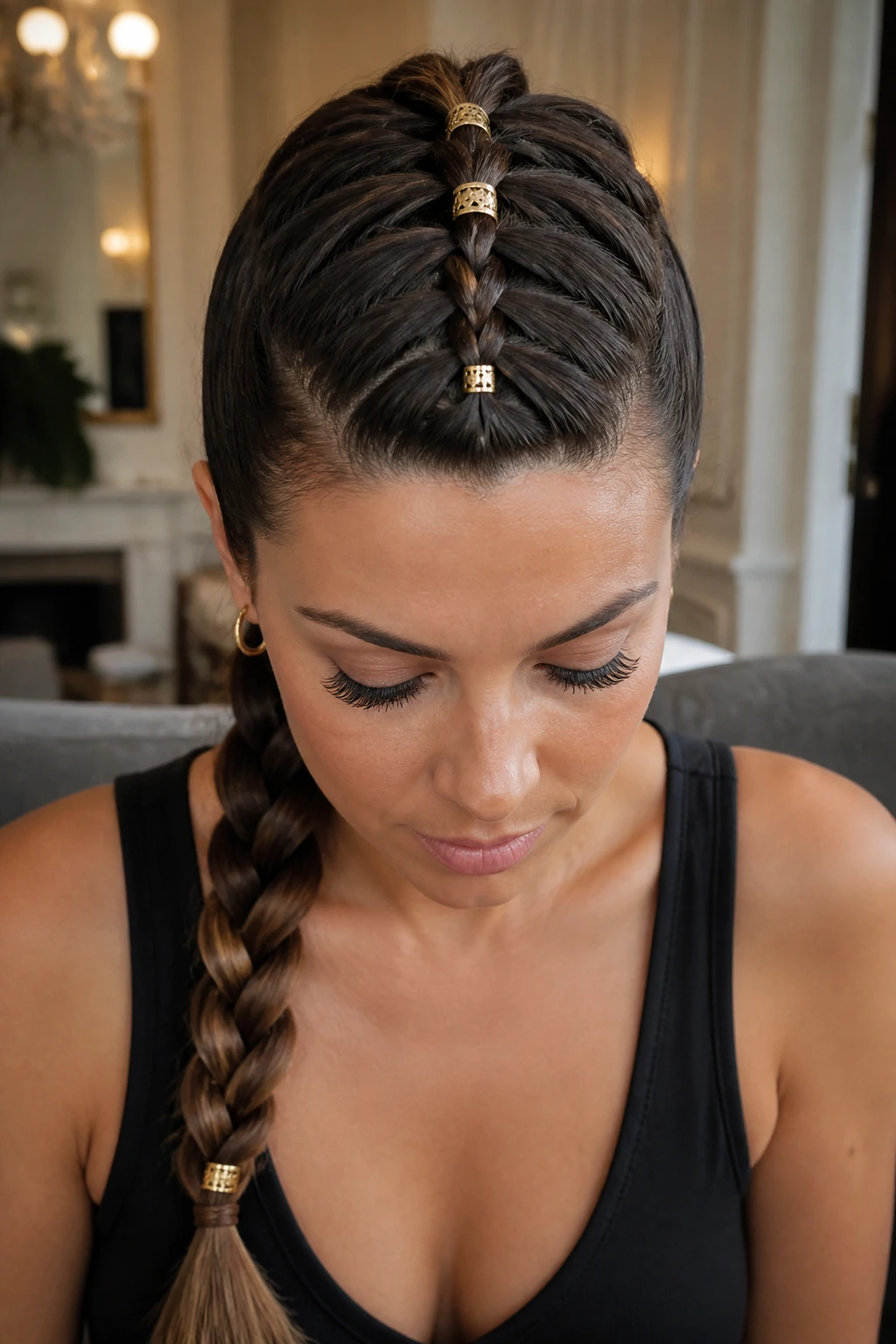 Close up of French braid with gold cuffs on a real woman