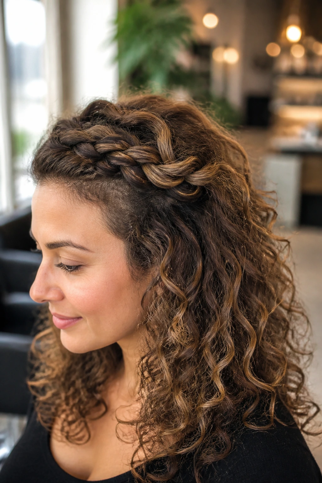Real woman with French braid half-up hairstyle