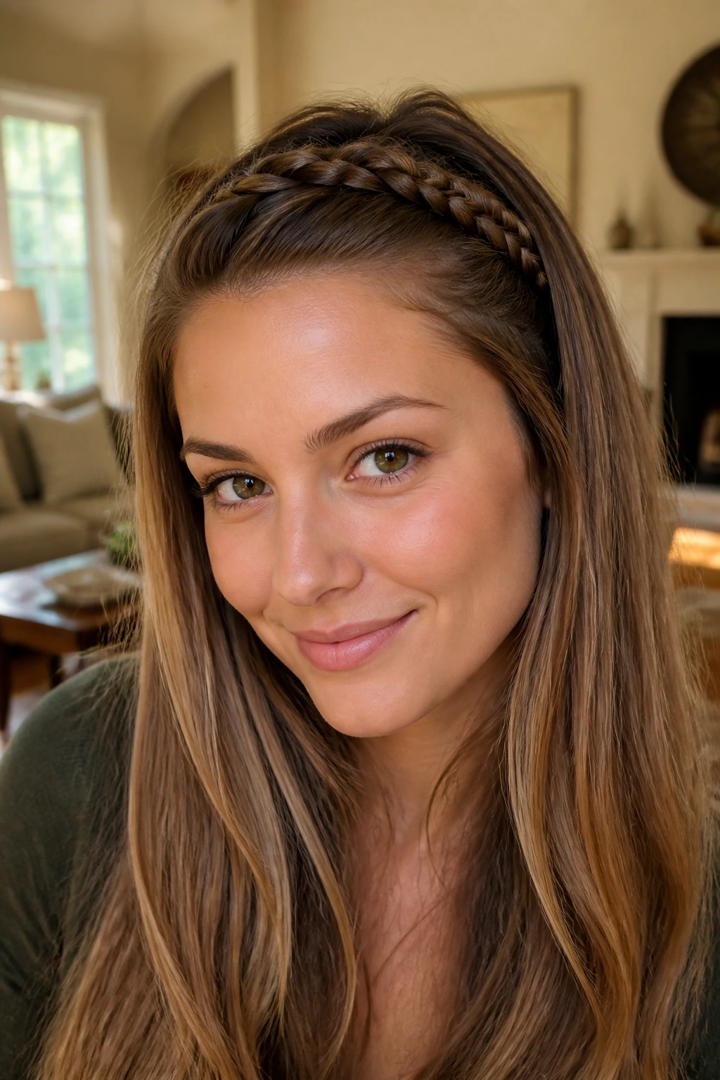 Close-up of a real person wearing a narrow headband braid along the front hairline.